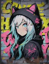 Kawaii Cat Girl Graffiti Unframed Wall Poster 11.8x15.7" Canvas Print Picture