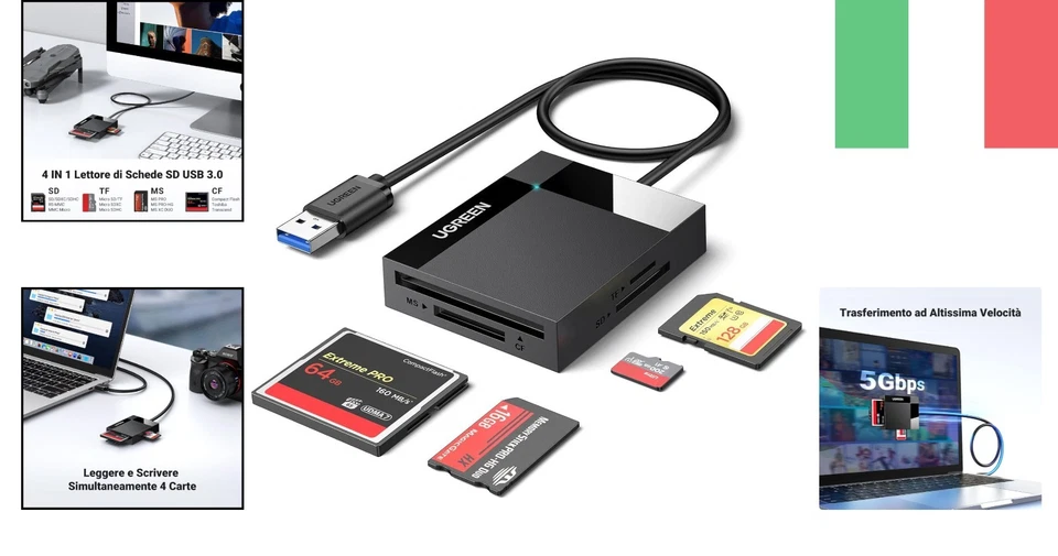 UGREEN USB 3.0 Lettore Schede SD TF CF MS Card Reader 4 in 1 Adattatore per S... - Immagine 2 di 4