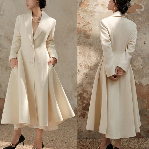 OFF WHITE Abito lungo donna bianco elegante lana scialle risvolto nuovo per matrimonio