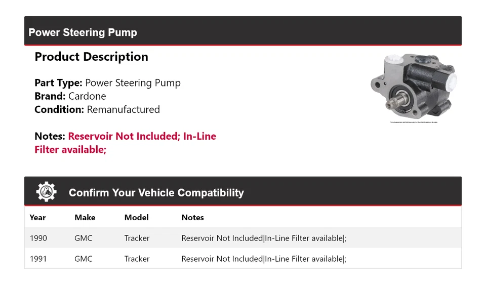 Bomba de dirección asistida Cardone para GMC Tracker 1990-1991 Foto 2 de 4