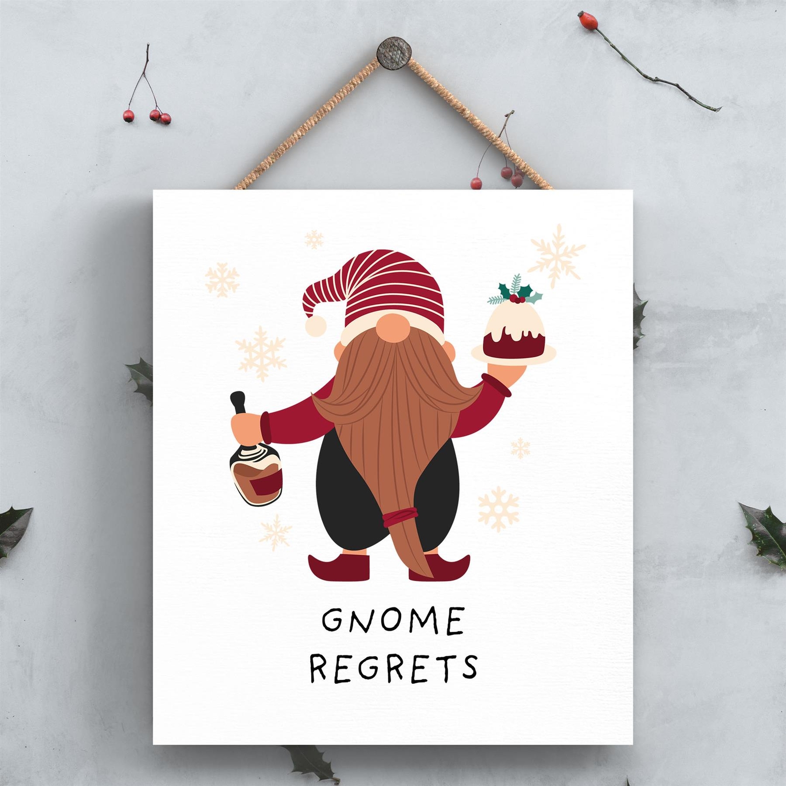 Gnome Regrets Pudding And Brandy Gonk Festive Wooden Plaque Christmas Decor