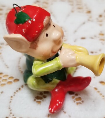 Elf Pixie Christmas Ornament Ceramic Figurine Trumpet
