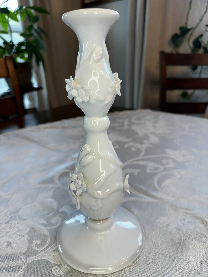 TOZAI HOME Taper Candlestick Holder White Porcelain Flower Blossoms - Image 2 of 4