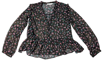 ZARA Z1975 DENIM Women XS Black Floral Gold Metallic Thread Sheer Blouse