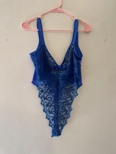 Vintage 90 s Shirley of Hollywood Blue and Purple Lace Teddy Bodysuit Size L