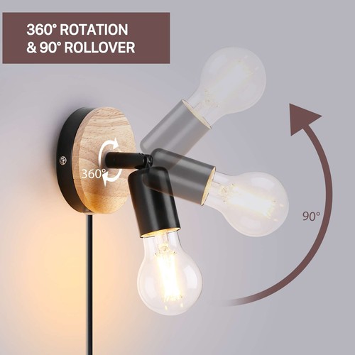 Plug in Wall Lights w/ Switch Wall Lights Indoor Wood Wall Light 360° Rotatable - Picture 2 of 7