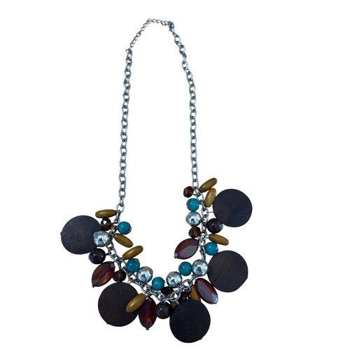 Boho Statement Necklace Wood Beads Turquoise Silver Tone Chunky Bib Festival