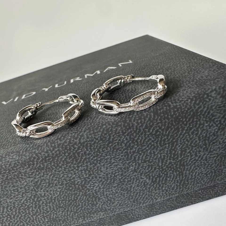 David Yurman Stax Hoop Earrings Sterling Silver 925 with Diamons - Image 2 of 4