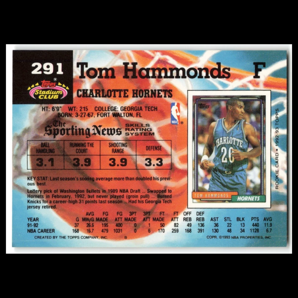 Tom Hammonds #291 1992 Topps Stadium Club Charlotte Hornets Basketball Card NBA - Image 2 of 3