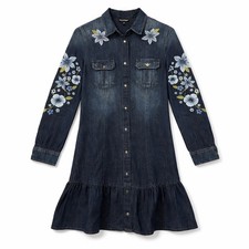 Emporio Armani Embroidered Denim Shirt Dress Ruffle Hem Casual Chic Size 2