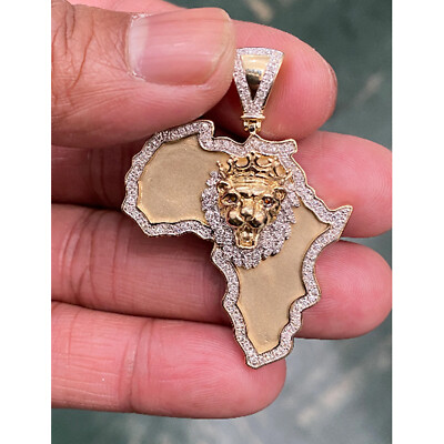 10K Yellow Gold Diamond Lion Head Africa Map Outline Pendant 2'' Charm 0.70 CT