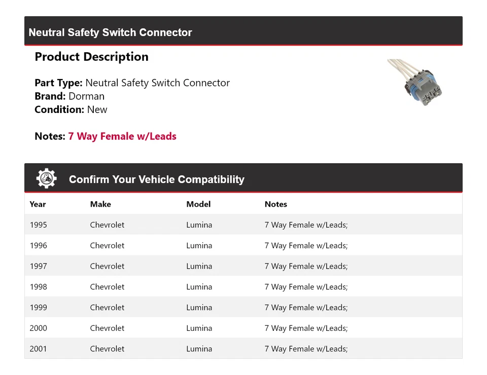 Нейтральный предохранительный переключатель разъем для Chevrolet Lumina Dorman 1995-2001 годов выпуска 1996 1997 - Изображение 2 из 4