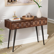 Mid-Century Walnut Console Table with 2 Drawers Unique Geometric Design