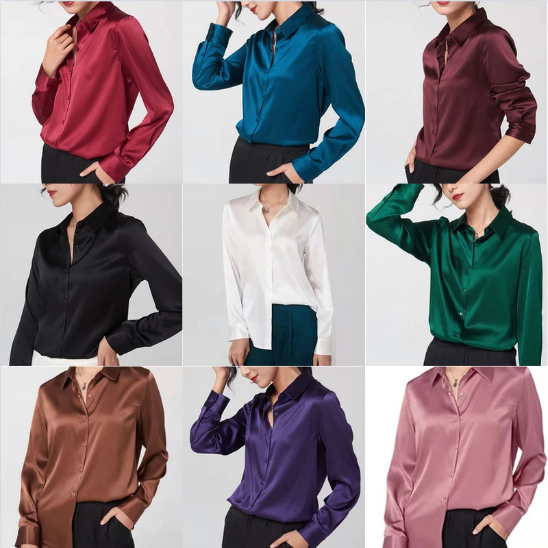 Lady Faux Silk Shirt Satin Blouse Tops Long Sleeve Office Lapel Formal  Plain