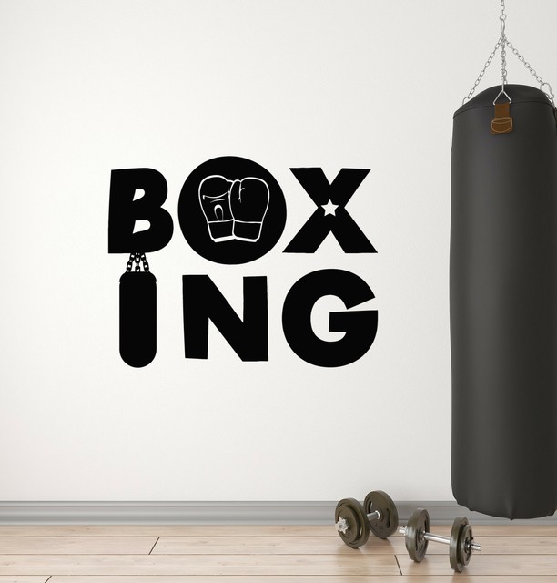 Vinyl Wall Decal Boxing Word Sport Boxer Gloves Heavy Bag Gym Stickers