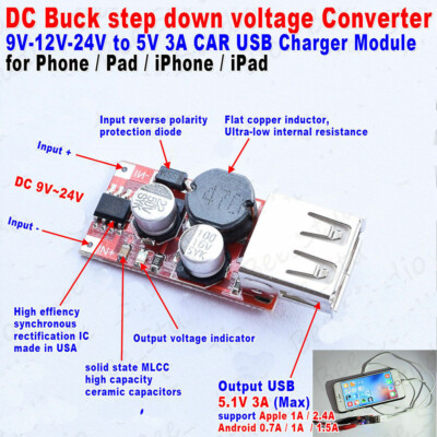 DC-DC 9V/12V/24V/36V to 5V 2A USB Step Down Converter Charger for Car Batterie