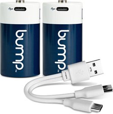 Bump 2 Pack D 1.5V Lithium Ion Rechargeable Batteries 12000mWh USB-C Type Cable