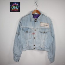 Chewan Damen Blau Denim Cropped Jacke Relaxed Large Vintage 90er Logo Knopf