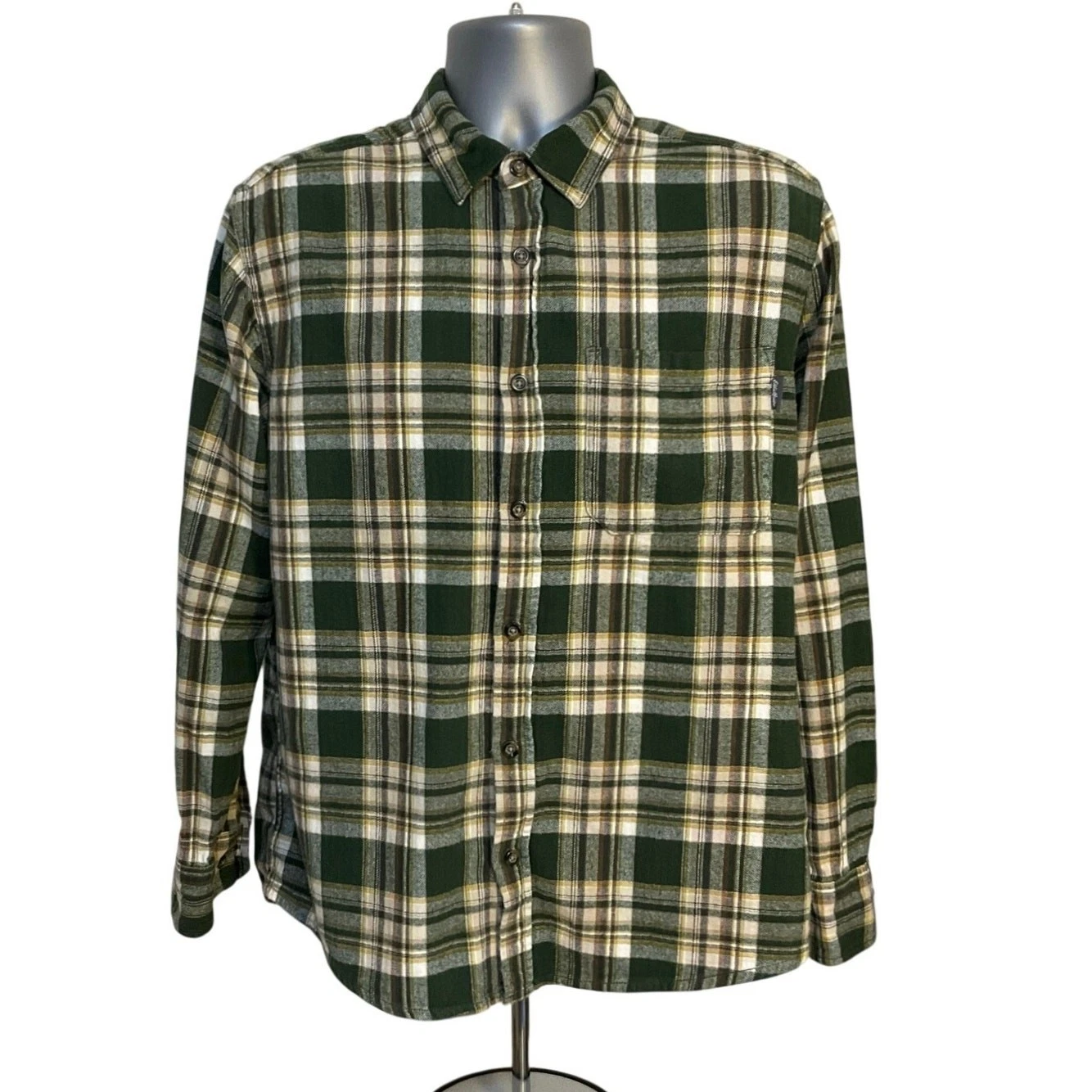 Eddie Bauer Men’s Green Plaid Flannel Shirt Large L Cotton Long Sleeve