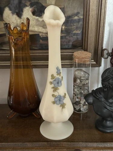 Fenton Hand Painted custard Glass swing Vase Floral Design Signed by Kim Blake.