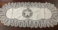Vintage Tape Lace Table or Dresser Runner, Doily, 14" x 31", Embroidery