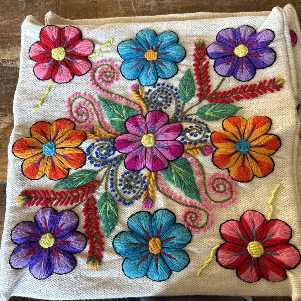 One Pair Decorative Peruvian Handmade Embroidered Flowers Pillow Covers vintage - Image 3 of 4