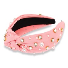 Pink Knotted Headband Women Pearl Rhinestone Trendy Wide Non Slip Top Knot