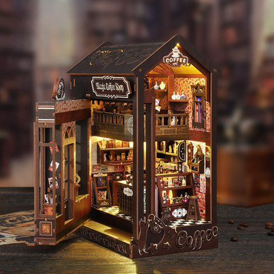 DIY Book Nook Magic Coffee Assembly Kits Miniature Dollhouse with LED Light