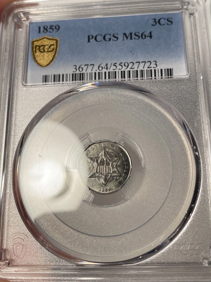 1859 3 Cent Silver 3CS PCGS MS64 Colorful Rainbow Toning - Image 2 of 4