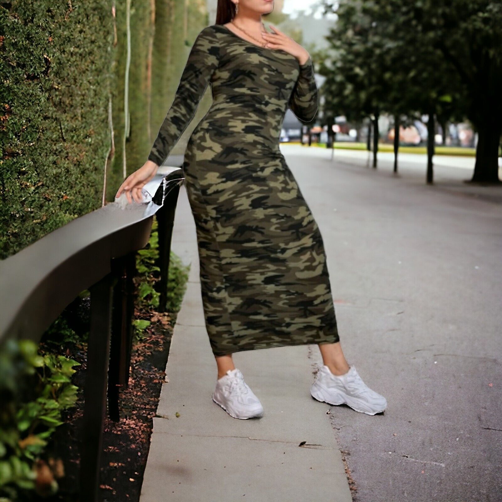 Plus Size Große Größen Maxikleid Kleid Camouflage Tarnmuster Jersey Stretc 44-52