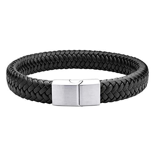 555Jewelry Stainless Steel Magnetic Clasp Bracelet - Braided Silver & Black Leather, 9 Inches - View #8