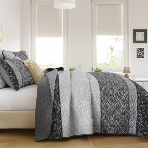 Cottolester Boho Quilt Set King Size 3 Pieces,Grey Striped Plaid Bedspread,Soft - Picture 4 of 6