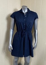 J Crew Mercantile Eyelet Mini Dress Womens Size S Navy Blue Elastic waist Flawed