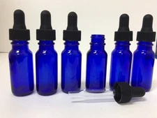 6 COBALT BLUE 1/2oz GLASS BOSTON ROUND BOTTLES WITH GLASS DROPPERS 15ML 