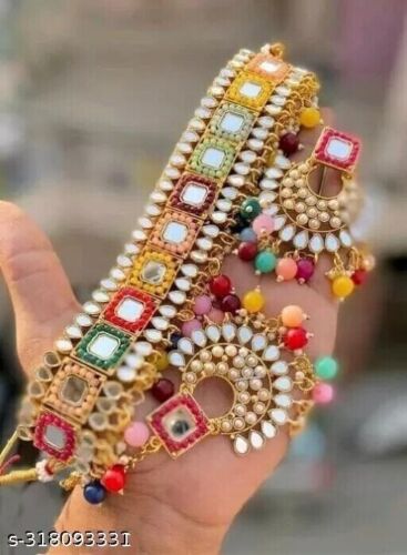 Indisches Bollywood vergoldet Kundan Choker Braut Halskette Ohrringe Schmuck Set - Bild 1 von 3
