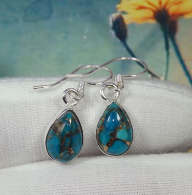 Blue Copper Turquoise Gemstone Earring 925 Sterling Silver Pretty Earring MK*