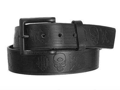 Harley-Davidson Mens Skull Conchos w// Embossed Flames Distressed Leather Belt