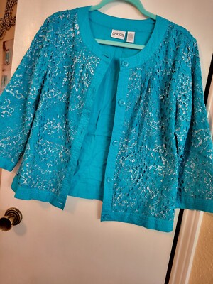 Chico s Sz 1(M)-8 Embroidered Lace Cutout Scalloped Jacket Unique Turquoise