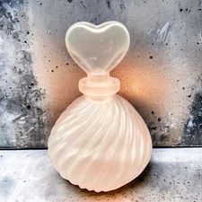 Vintage Art Glass Pink Frosted Swirl Empty Perfume Bottle With Heart Stopper 5”T