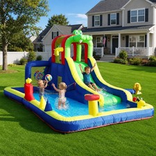 Kids Inflatable Bounce House Water Slide Splash Pool with Volleyball Game Blower