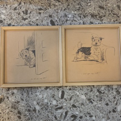 EOWNA Signed Framed Ink Dog Illustrations on Paper, Small Set of 2 Drawings