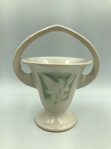vtg roseville 'silhouette' handled~vase ~6.5" in white/turquoise 708-6 -EXC cond