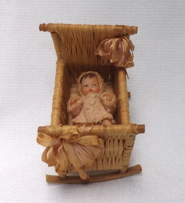 1960s Vintage Miniature Shackman Dollhouse Baby Girl in Pink & Raffia Cradle - Image 1 of 4