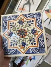 Vintage Art Tile MOSAIC USA co Bue Orange Green Eight Pointed Star Flower 6''