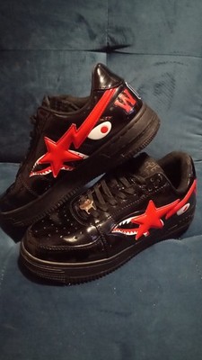 A Bathing Ape Bape Sta Shark Black Red Patent Leather Men's Low Top Sneakers