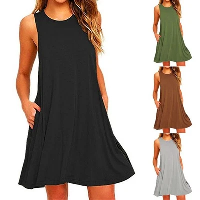 Robe femme plage noire col ras du cou mode poches oversize col rond - Photo 1/4