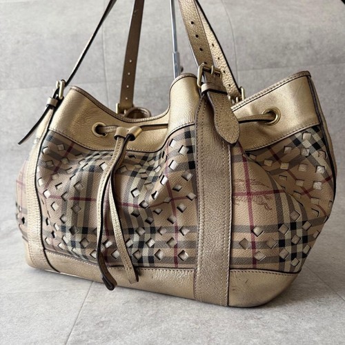 Burberry Prorsum Nova Check Bucket Bag Beige PVC Leather Cutwork Auth