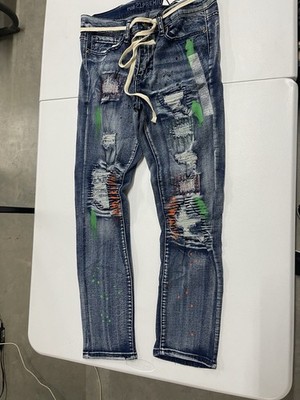 Rue21 Distressed Paint Splatter Drawstring Skinny Jeans Slim Fit Denim 32 x 34