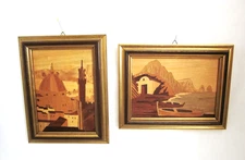 2 Italian Framed Inlaid Wood Marquetry Landscape Scenes Florence Italy COA's 7x9