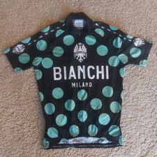 Bianchi Cycling Jersey Shirt Black with Celeste Polka Dots Mens Size Medium